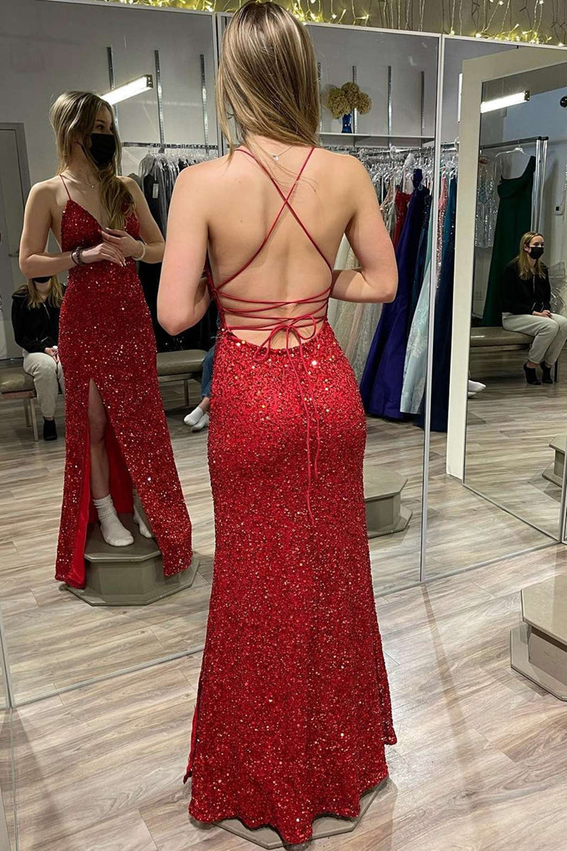 Stunning Burgundy Sequins Mermaid Prom Dress with Long Sleeves and Slit