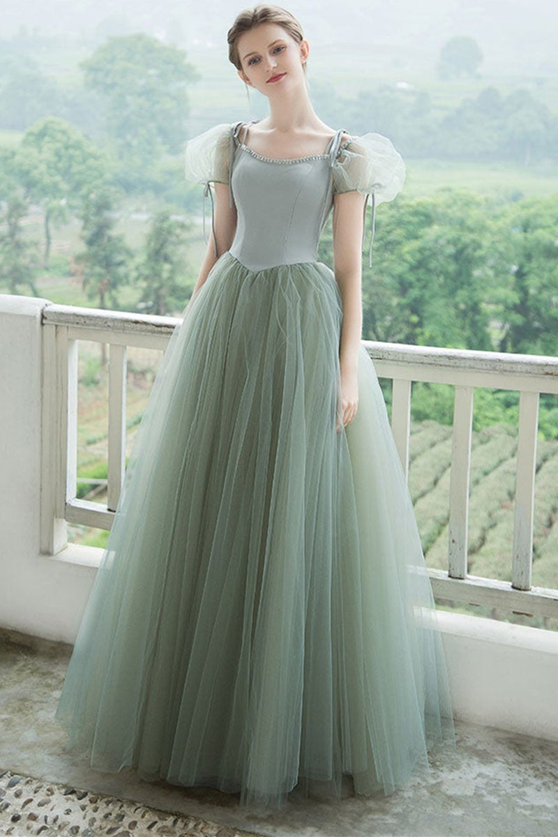Cap Sleeves Green Tulle Long Prom Dresses, Long Green Tulle Formal Eve Lwt Dress Cap Sleeves Green Tulle Long Prom Dresses, Long Green Tulle Formal Eve Lwt Dress