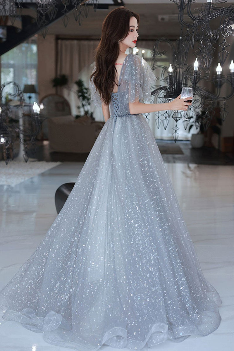 Cap Sleeves V Neck Gray Tulle Long Prom Dresses, Shiny V Neck Gray For Lwt Dress Cap Sleeves V Neck Gray Tulle Long Prom Dresses, Shiny V Neck Gray For Lwt Dress