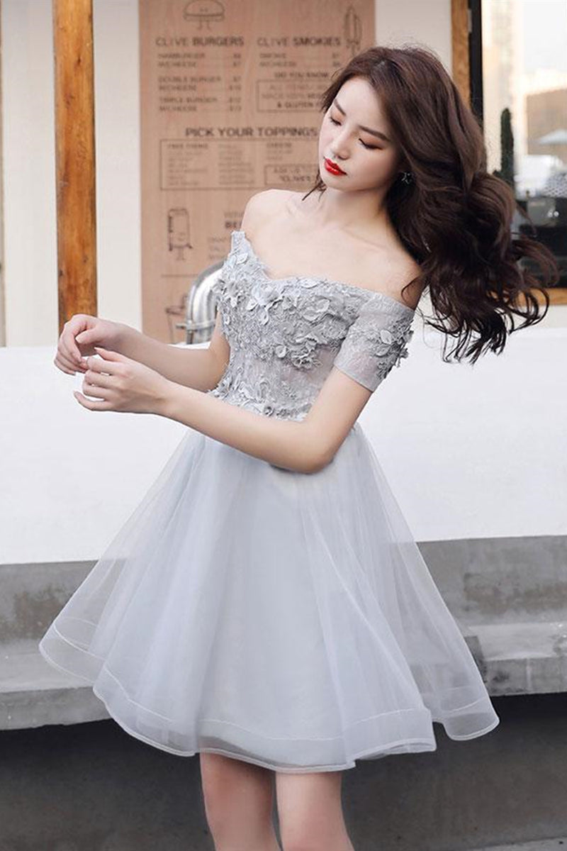 grey homecoming dresses short A line One Shoulder Short Prom Dress. Gray Graduation Homecoming Dress