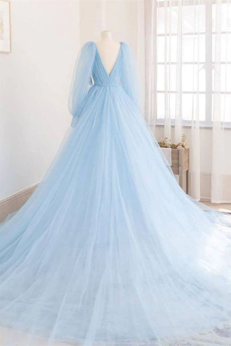 Elegant Blue Tulle Long Prom Dresses V Neck Long Sleeves Blue Formal G