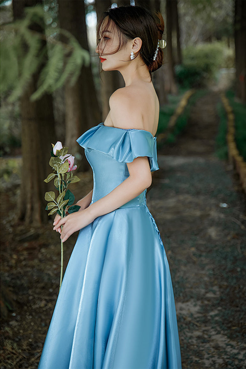 Elegant Off Shoulder Light Blue Satin Long Prom Dresses, Off the Shoul