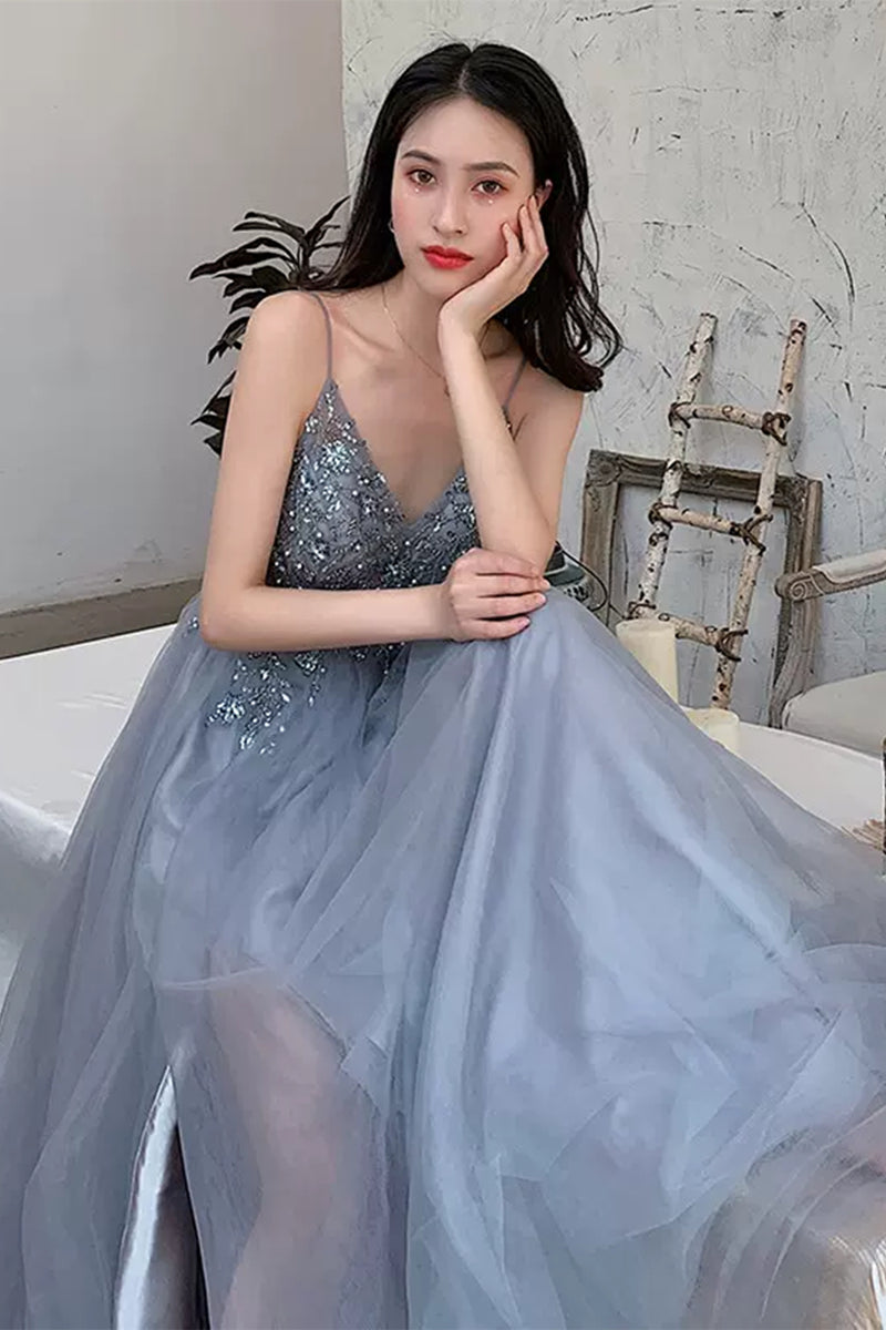 Elegant A Line Gray Tulle Beadings Long Prom Dress main image 0