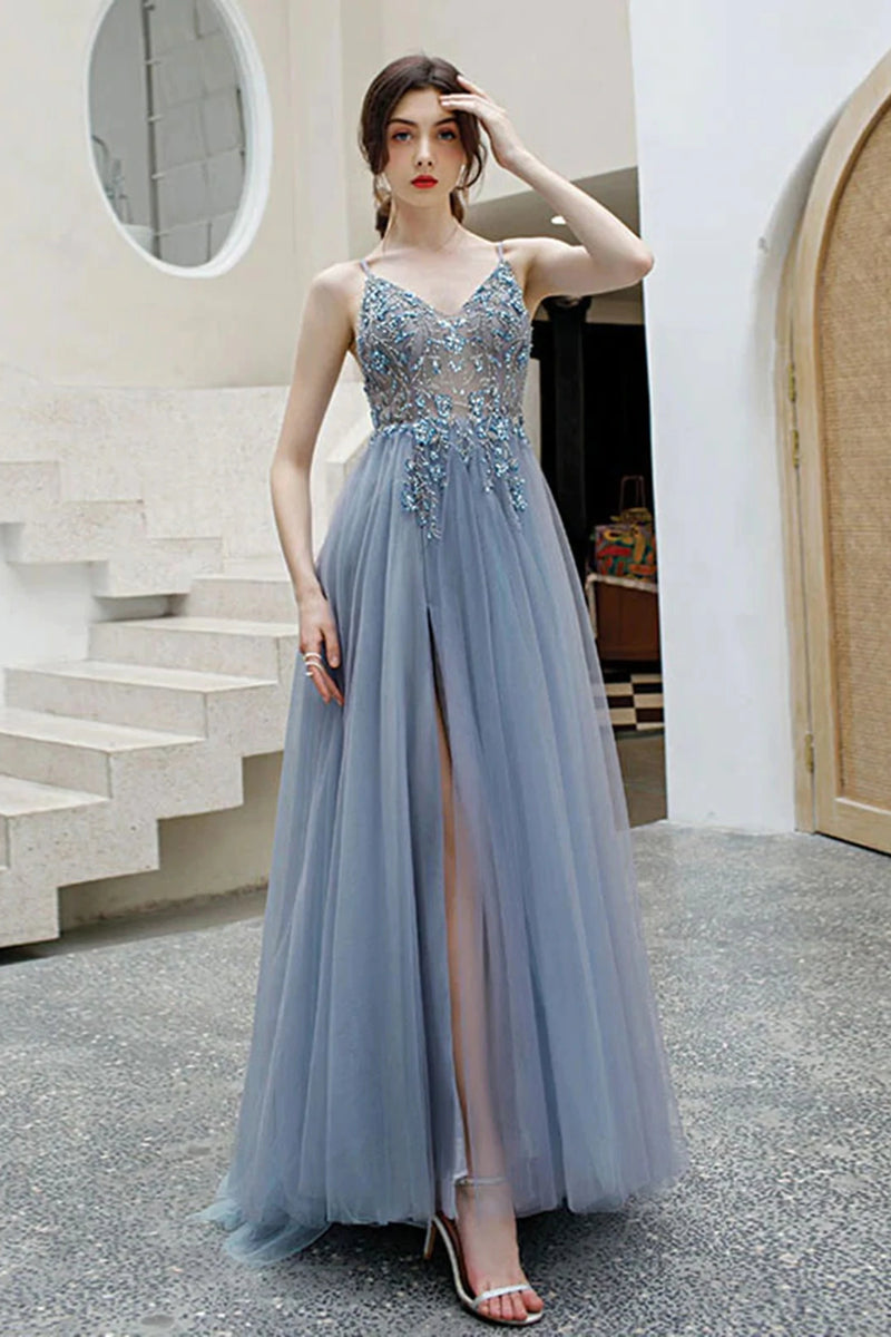 Gray Tulle Long Prom Dresses V Neck Open Back Beaded Grey Formal Eveni
