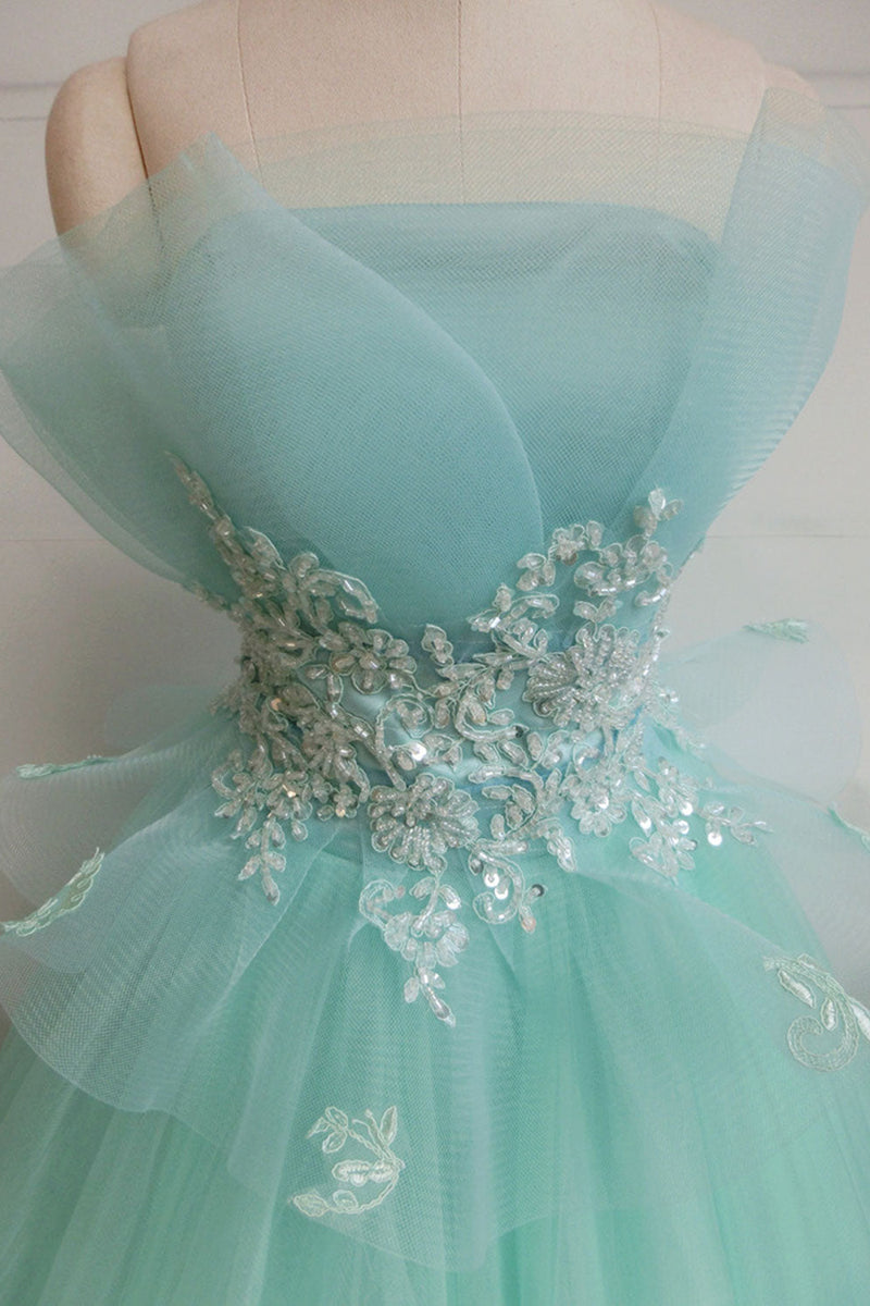 Strapless Green Lace Tulle Long Prom Formal Graduation Evening Dress GJS685