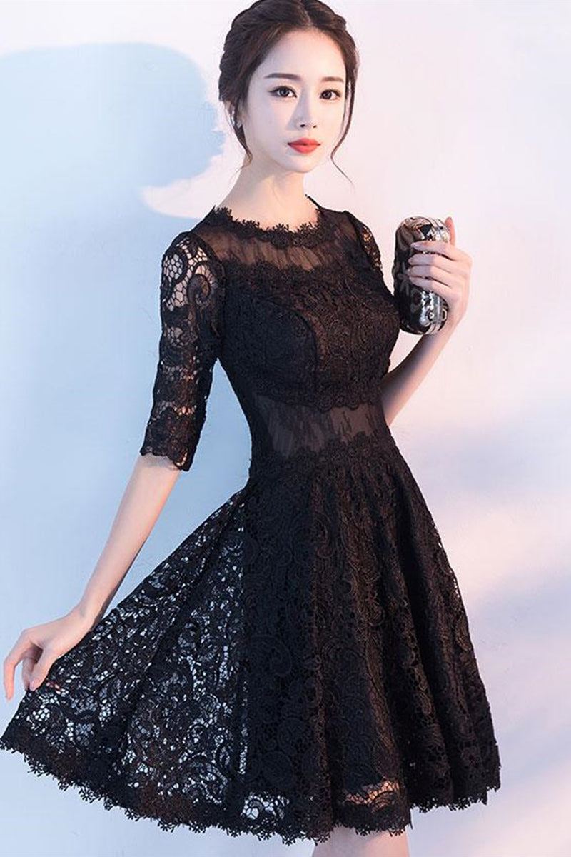 Half Sleeves Black Lace Short Prom Dresses, Black Lace Homecoming Dres –  Lwt Dress