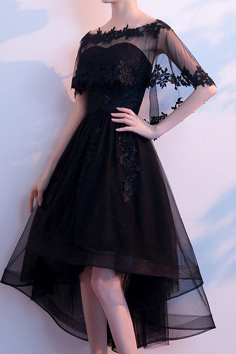 High Low Black Lace Short Prom Dresses, Short Black Lace Formal Evenin