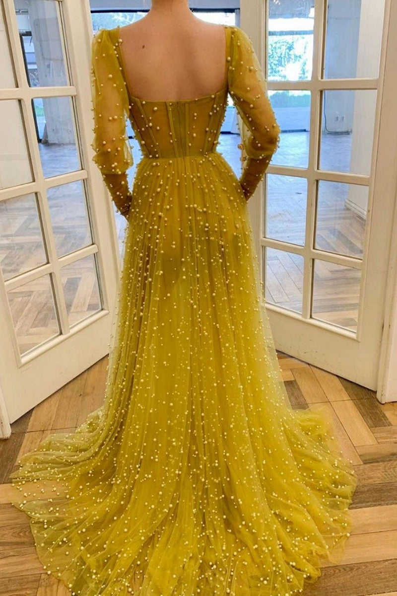 Mustard Yellow Prom Dress Formal Yellow Dress With Sleeves Bright Yellow  V-Neck Metallic Sequin Long