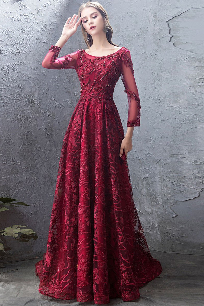 strapless open back dress Long Sleeves Beaded Burgundy Lace Long Prom Dresses, Burgundy Lace For –  Lwt Dress