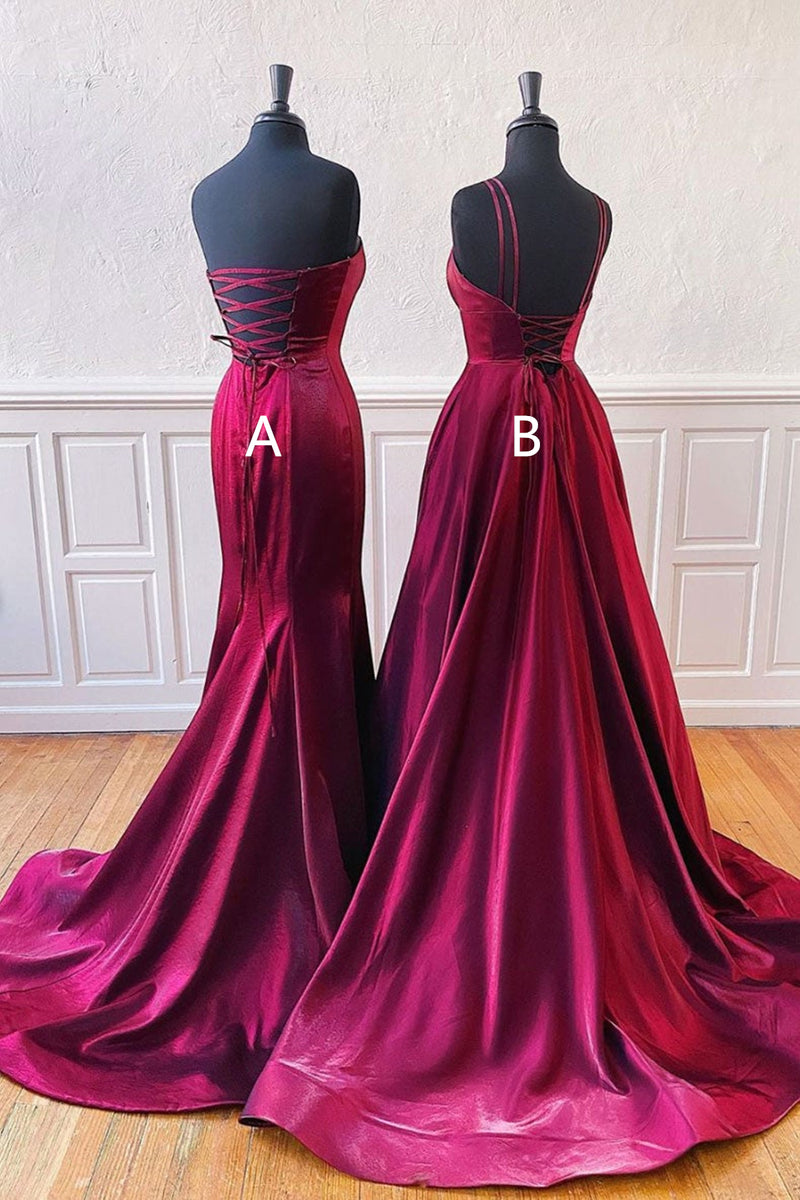 Modest Mermaid Burgundy Strapless Satin Long Prom Dress, Evening Dress main image 1