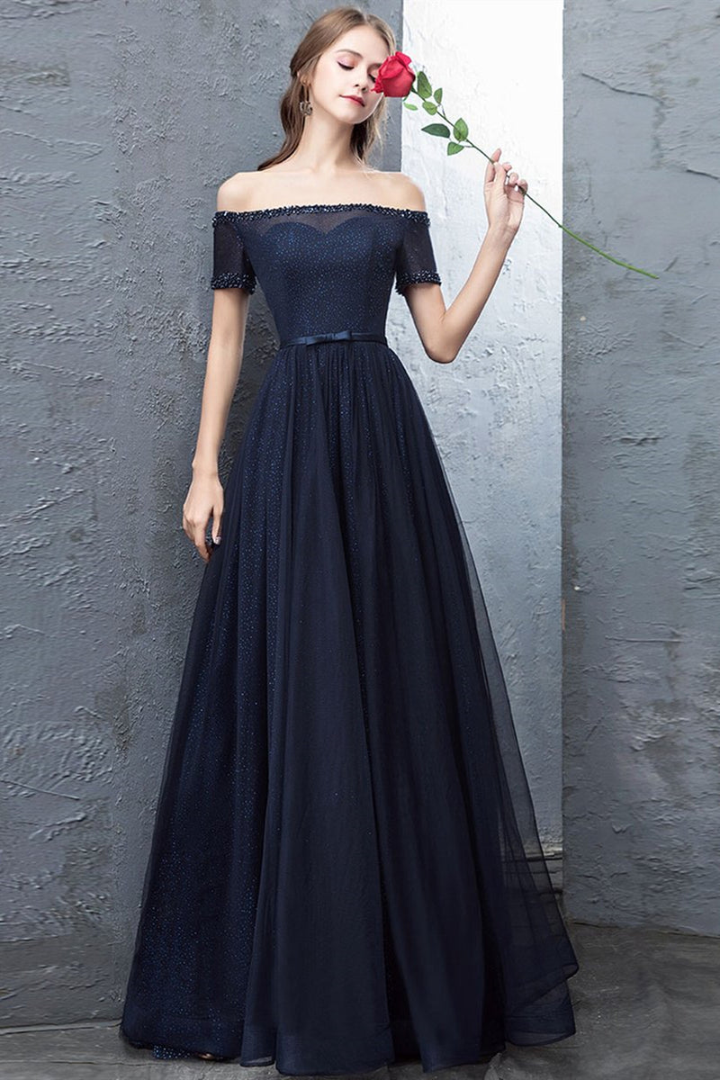 Off Shoulder Dark Blue Long Prom Dresses, Dark Blue Formal Dresses, Of