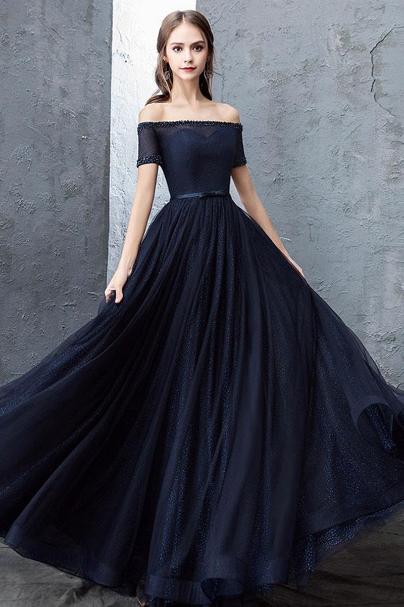 Off Shoulder Dark Blue Long Prom Dresses, Dark Blue Formal Dresses, Of Lwt Dress Off Shoulder Dark Blue Long Prom Dresses, Dark Blue Formal Dresses, Of Lwt Dress