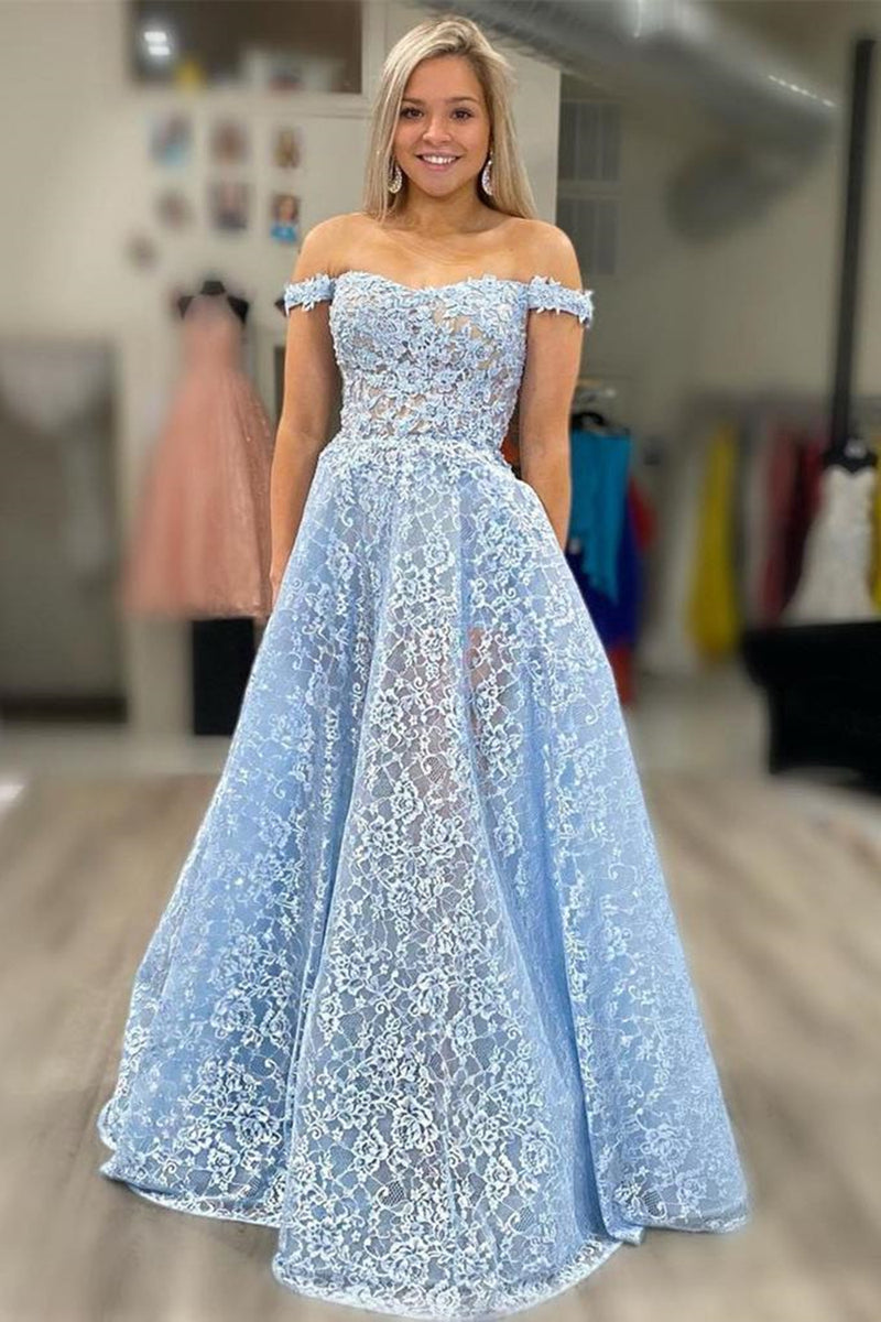 Off Shoulder Light Blue Lace Long Prom Dresses, Off the Shoulder Light   Lwt Dress