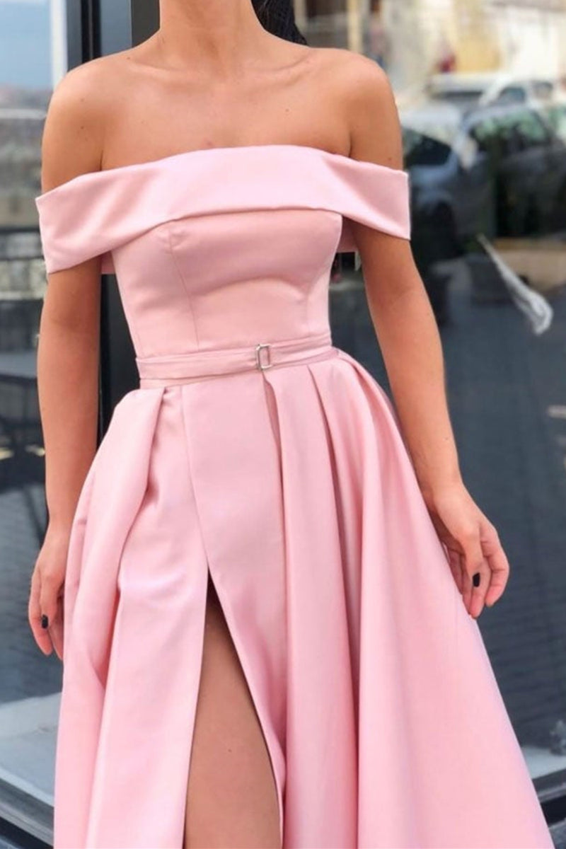 Modern Off-the-shoulder Evening Dress Long Pink Lace Prom Dresses With Slit