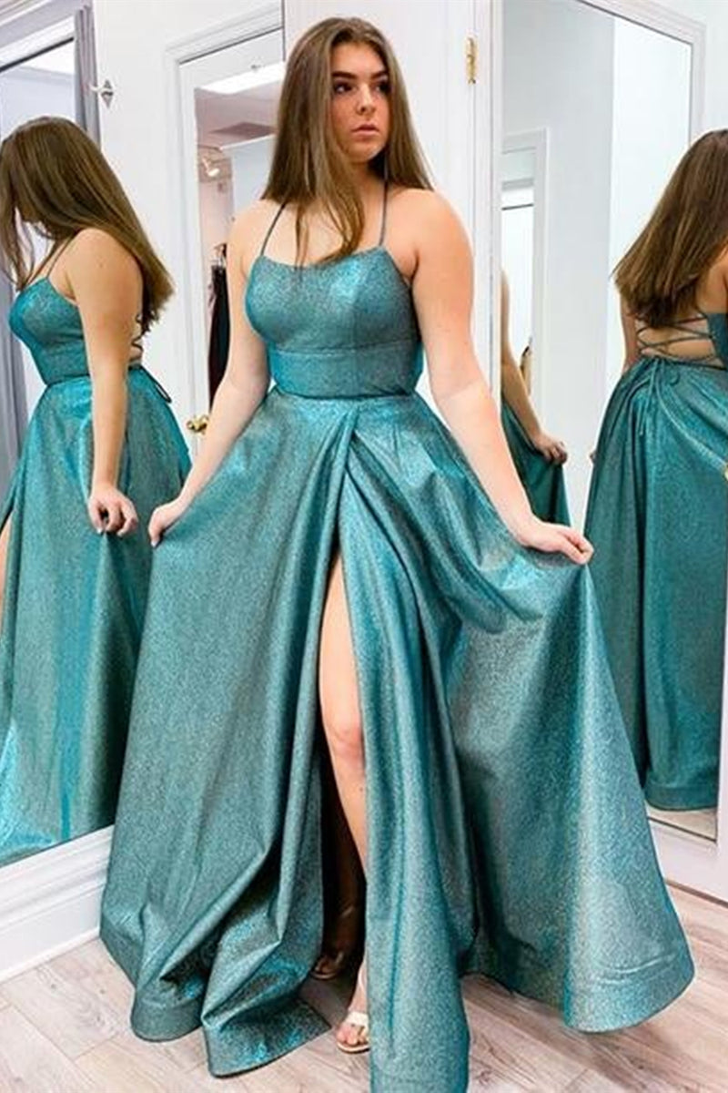Open Back High Slit Green Long Prom Dresses, Backless Green Formal Gra