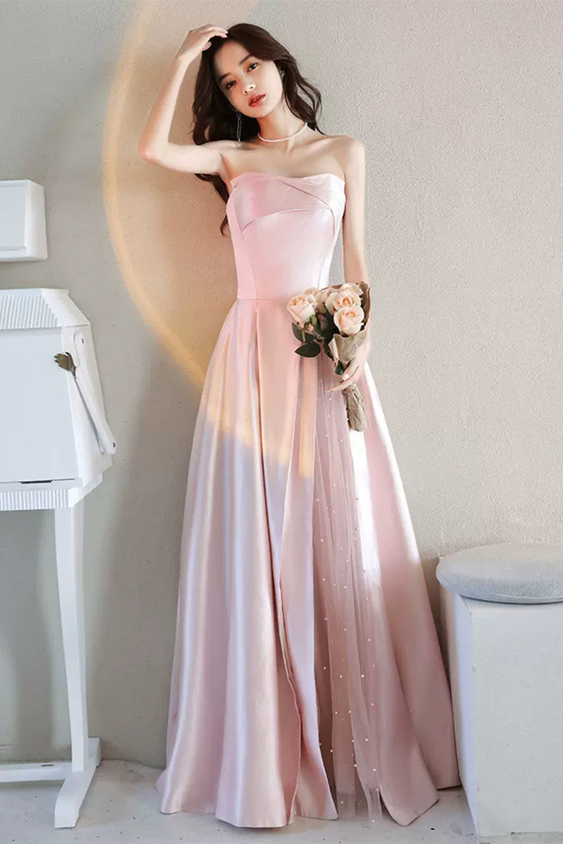 Pink Satin Elegant Strapless Long Prom Dresses, Long Pink Formal Gradu