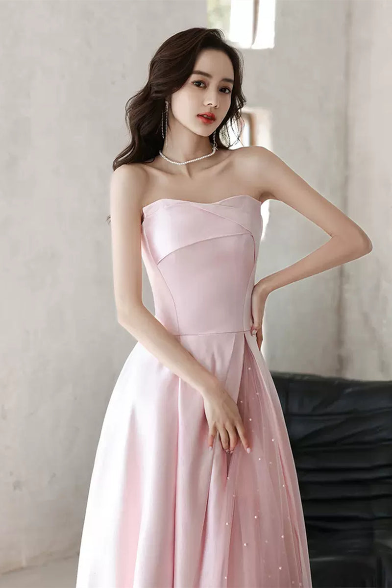 Pink Satin Elegant Strapless Long Prom Dresses, Long Pink Formal Gradu