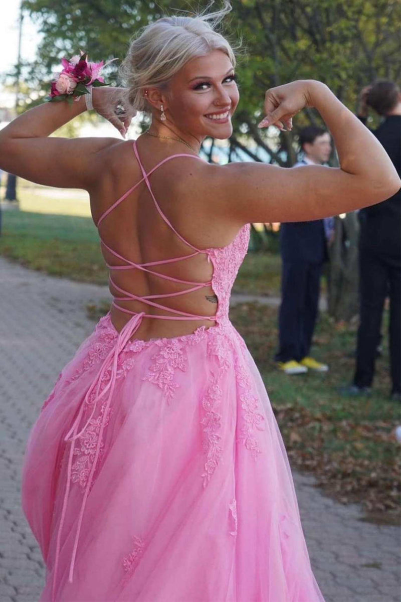 Pink Tulle Backless Lace Long Prom Dresses with High Slit, Pink Lace F Lwt Dress Pink Tulle Backless Lace Long Prom Dresses with High Slit, Pink Lace F Lwt Dress