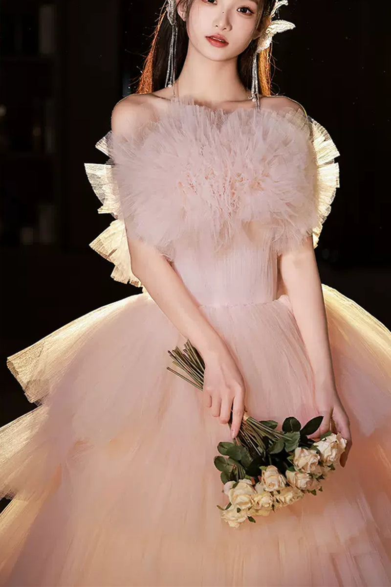 Pink tulle long prom dress, retract your waist evening dress