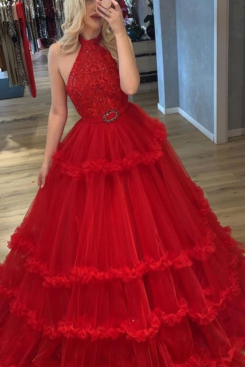Princess Red Lace Long Prom Dresses, Red Formal Evening Dresses, Ball