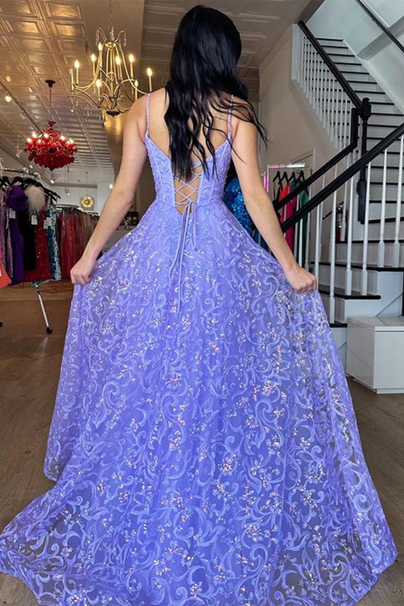 Purple Lace V Neck Open Back Long Prom Dresses, Purple Lace Formal Dre –  Lwt Dress