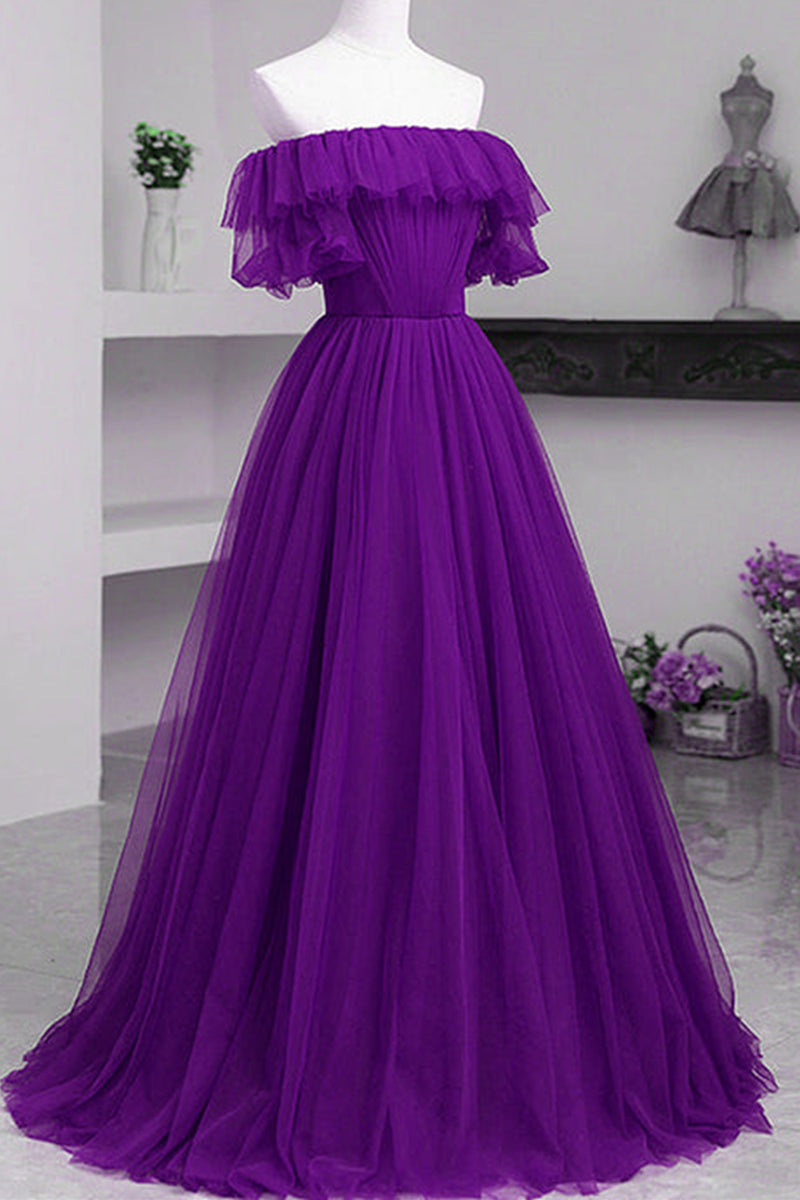 Purple Tulle Elegant Off Shoulder Long Prom Dresses, Off the Shoulder