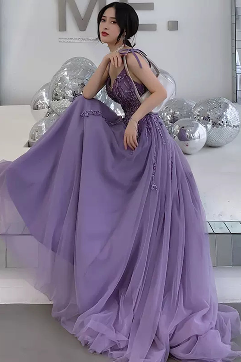 Purpler v neck tulle lace beads long prom dress tulle formal dress  cg7859