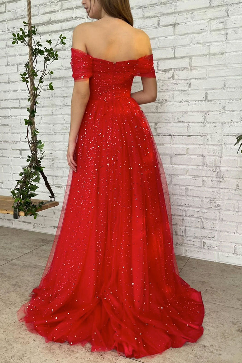 Off Shoulder Red Tulle Floral Long Prom Dresses, Off the Shoulder Form –  Shiny Party