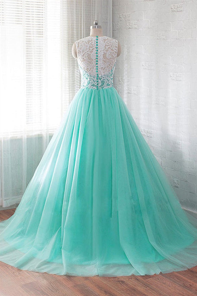Round Neck Green Tulle Long Prom Dresses with White Lace, Green Lace F –  Lwt Dress