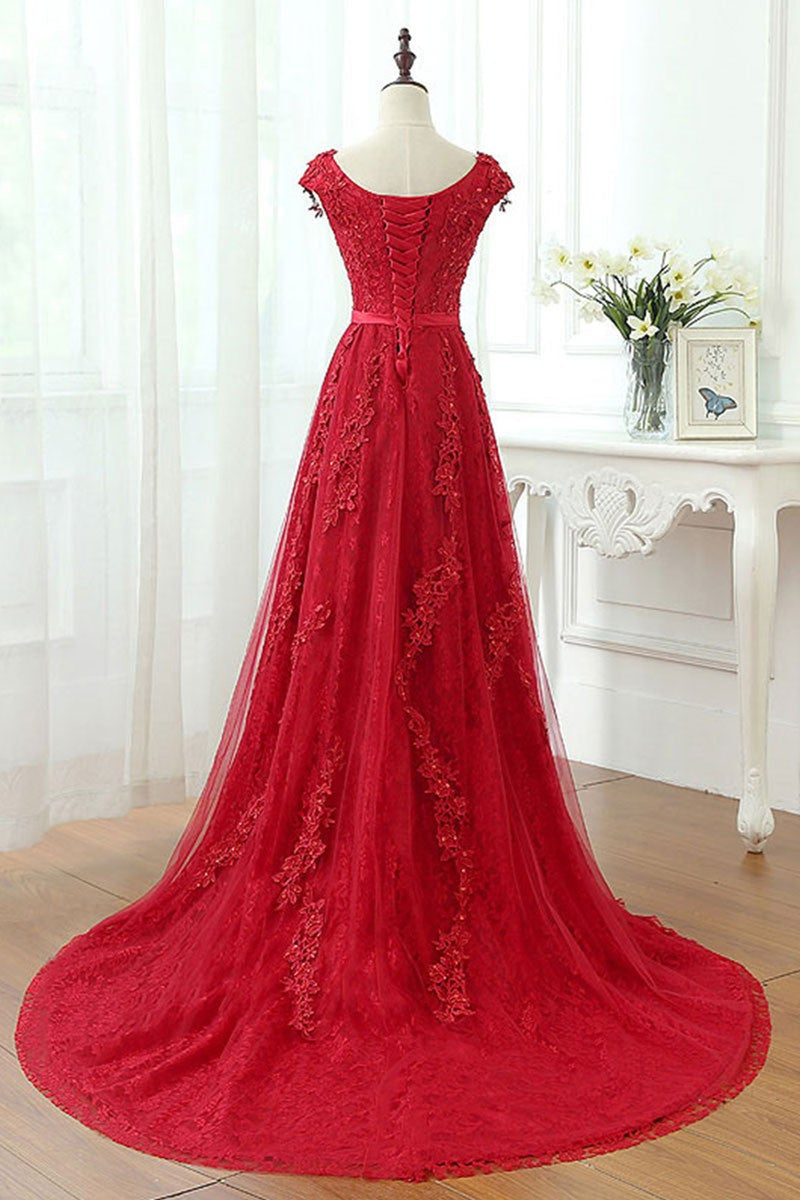 Round Neck Red Lace Long Prom Dresses, Cap Sleeves Red Formal Dresses, Lwt Dress Round Neck Red Lace Long Prom Dresses, Cap Sleeves Red Formal Dresses, Lwt Dress