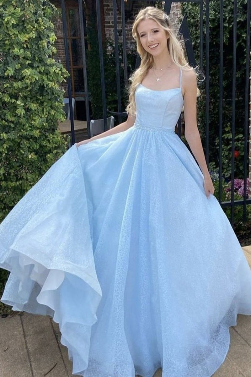 Shiny Light Blue Long Prom Dresses, Thin Straps Light Blue Formal Dres