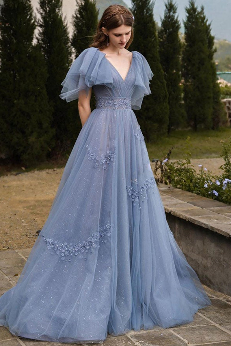 Square Neck Lace Cap Sleeves Ruffles Long Dress Sky Blue main image 1