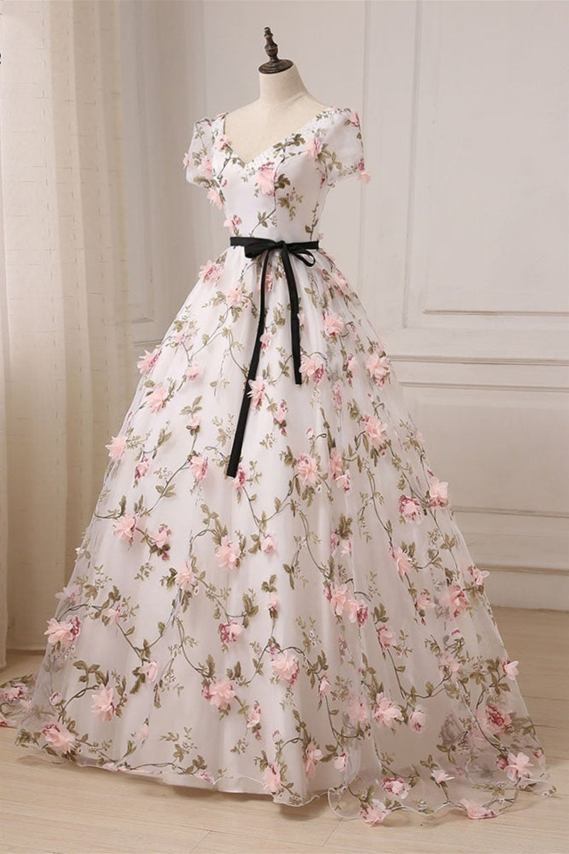 White prom dress outlet with pink flowers