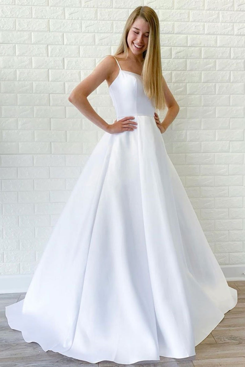 Simple White Satin Long Prom Dresses, Long White Formal Graduation Eve