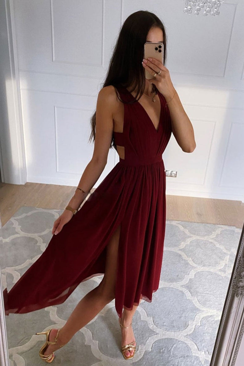 V Neck Burgundy Tea Length Prom Dresses with High Slit, V Neck Burgund Lwt Dress V Neck Burgundy Tea Length Prom Dresses with High Slit, V Neck Burgund Lwt Dress