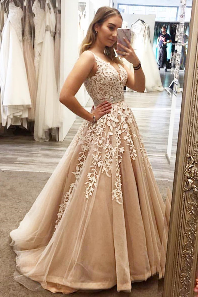 V Neck Champagne Lace Long Prom Dresses with Belt, Champagne Lace Form Lwt Dress V Neck Champagne Lace Long Prom Dresses with Belt, Champagne Lace Form Lwt Dress
