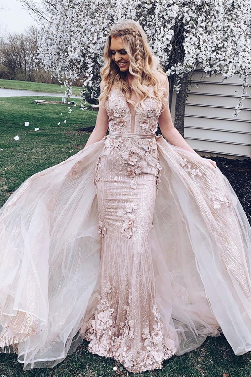 V Neck Mermaid Backless Pink Lace Long Prom Dresses, Mermaid Pink Form – Lwt Dress