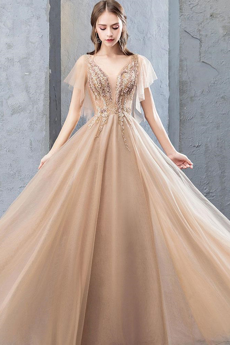 V Neck Backless Champagne Tulle Lace Long Prom Dresses, Champagne Lace  Formal Evening Dresses, Champagne Ball Gown EP1766