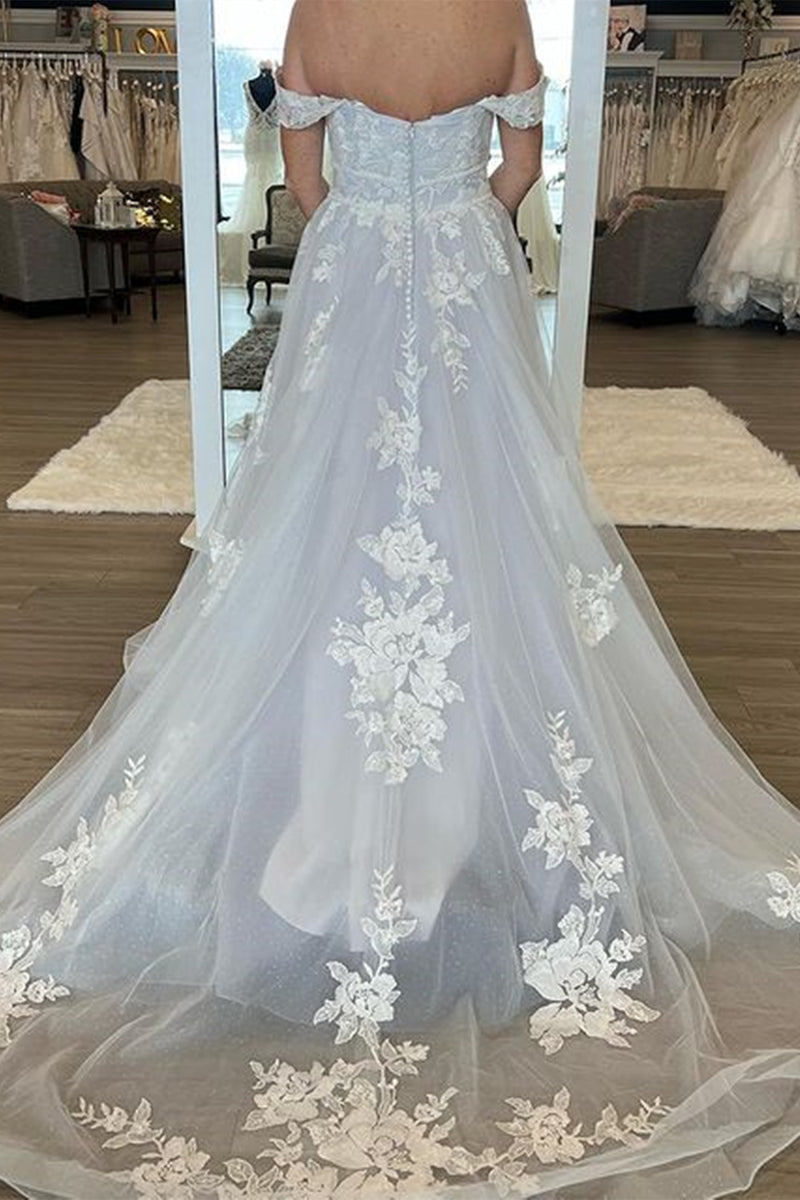 White Lace Off Shoulder Long Prom Wedding Dresses with Train, White La ...