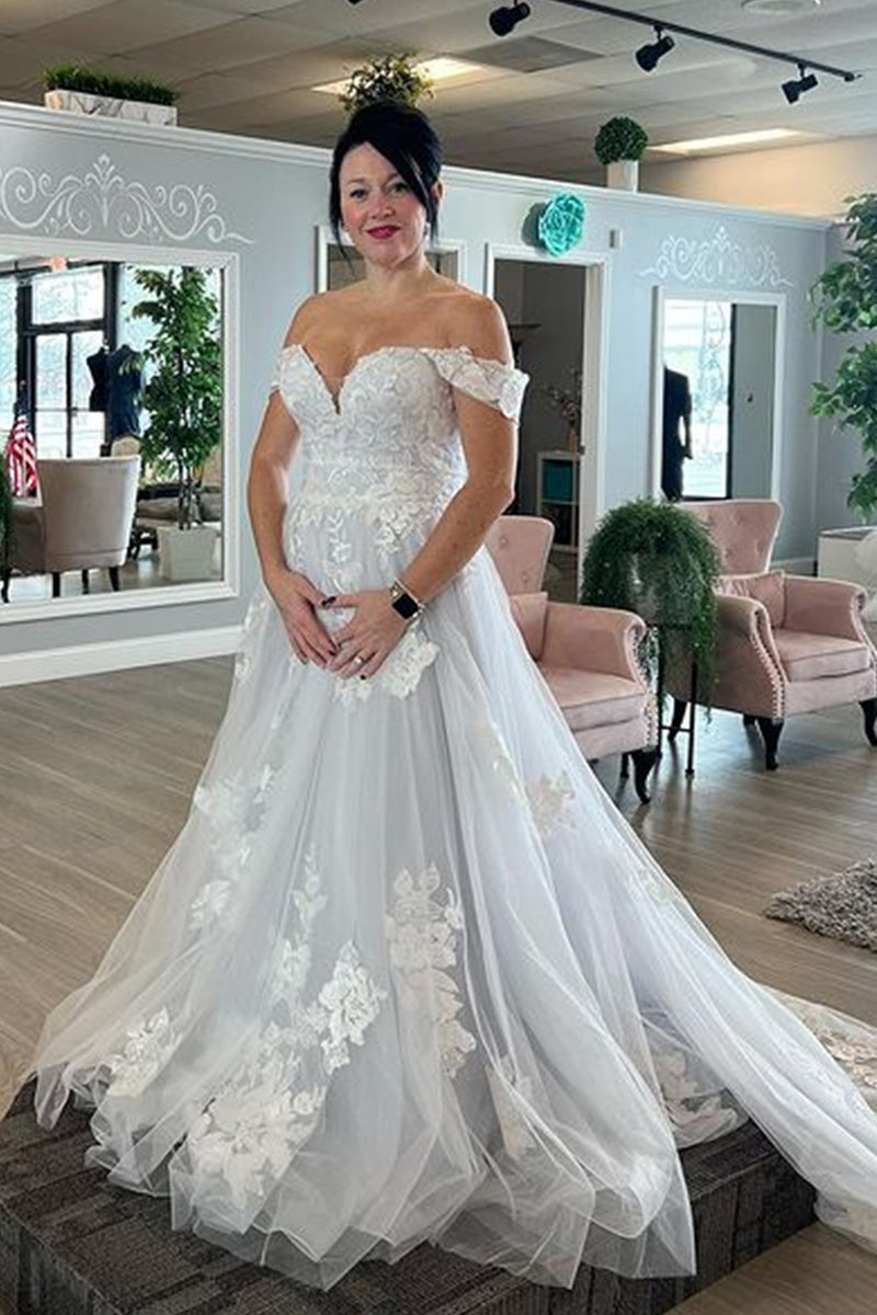 White Lace Off Shoulder Long Prom Wedding Dresses with Train, White La ...