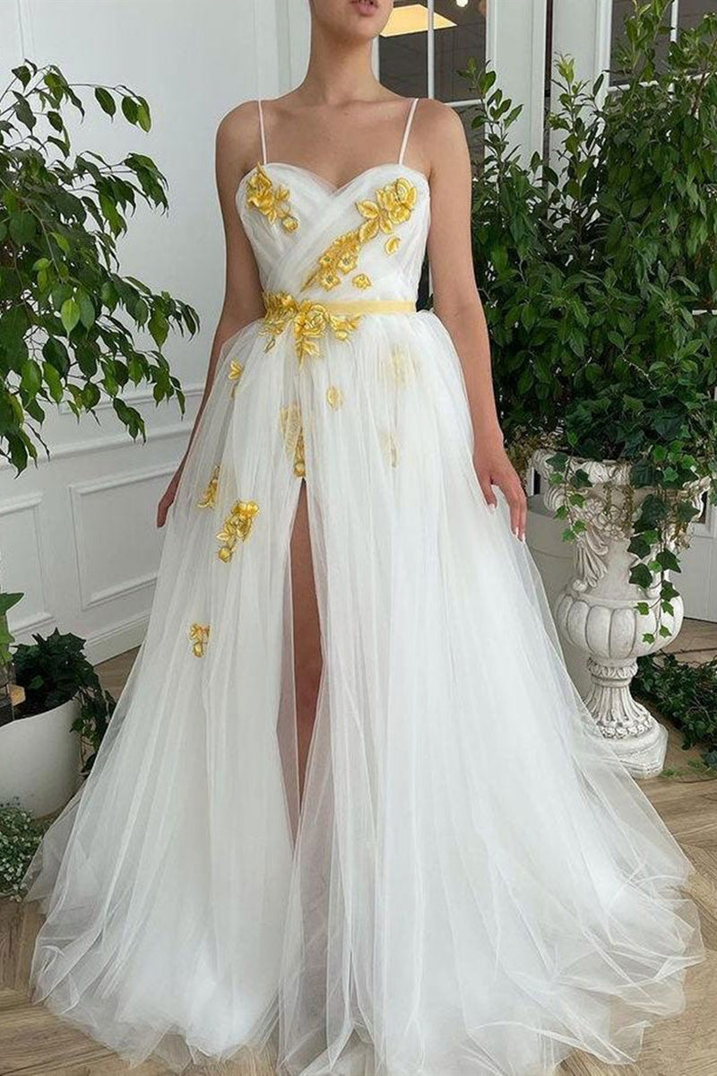 White Tulle Sweetheart Neck High Slit Long Prom Dresses with Golden Fl Lwt Dress White Tulle Sweetheart Neck High Slit Long Prom Dresses with Golden Fl Lwt Dress