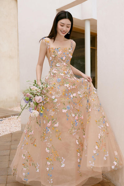 A Line Floor Length Champagne Long Prom Dresses with Appliques, Champagne Floral Formal Graduation Evening Dresses WT1839