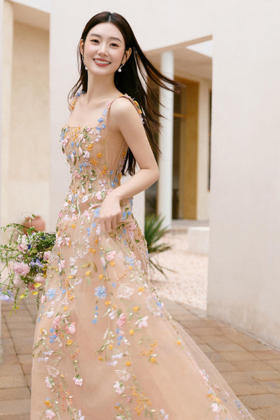 A Line Floor Length Champagne Long Prom Dresses with Appliques, Champagne Floral Formal Graduation Evening Dresses WT1839