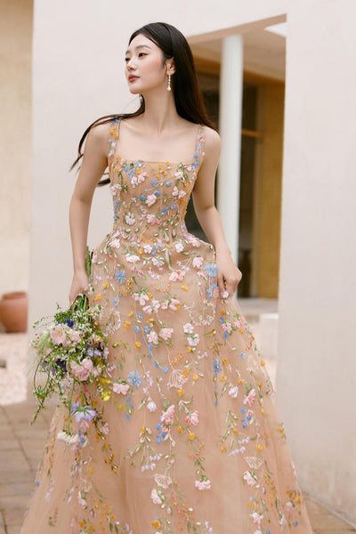 A Line Floor Length Champagne Long Prom Dresses with Appliques, Champagne Floral Formal Graduation Evening Dresses WT1839