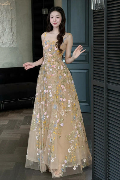 A Line Floor Length Champagne Long Prom Dresses with Appliques, Champagne Floral Formal Graduation Evening Dresses WT1839