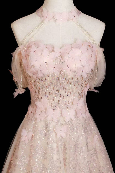 A Line Halter Neck Pink Lace Sequins Long Prom Dresses, Pink Lace Formal Graduation Evening Dresses WT1722