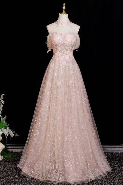 A Line Halter Neck Pink Lace Sequins Long Prom Dresses, Pink Lace Formal Graduation Evening Dresses WT1722