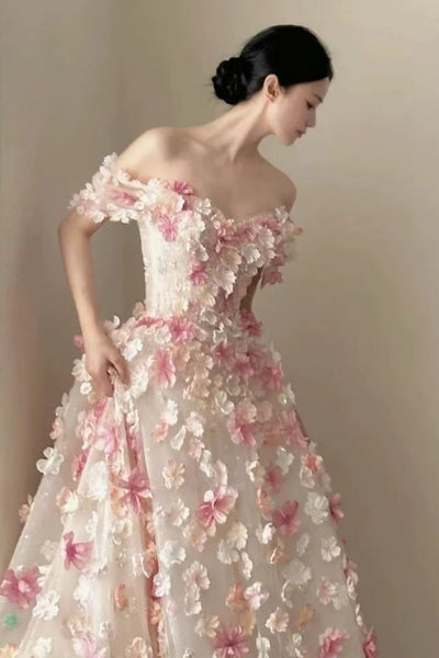 A Line Off the Shoulder Floral Long Prom Dresses, Off Shoulder Formal Evening Dresses with 3D Flowers WT1819