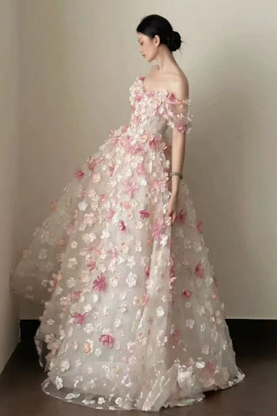 A Line Off the Shoulder Floral Long Prom Dresses, Off Shoulder Formal Evening Dresses with 3D Flowers WT1819