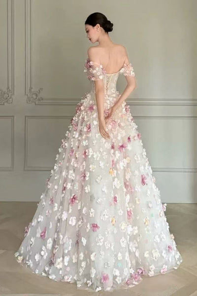 A Line Off the Shoulder Floral Long Prom Dresses, Off Shoulder Formal Evening Dresses with 3D Flowers WT1819